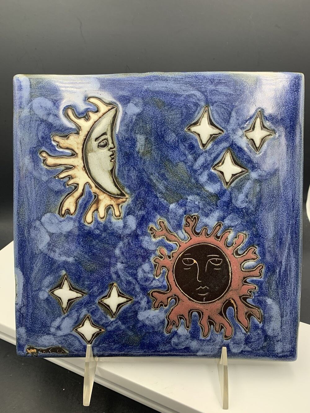 Mara Pottery Folk Art Celestial Sun Blue Tile Trivet Hot Plate Wall Art Mexico